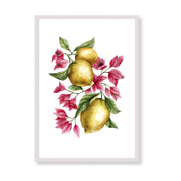 Lemons and bouganvillea è una stampa artistica per decorare le pareti di casa o del tuo ufficio. E' una stampa in acquerello realizzata in Italia